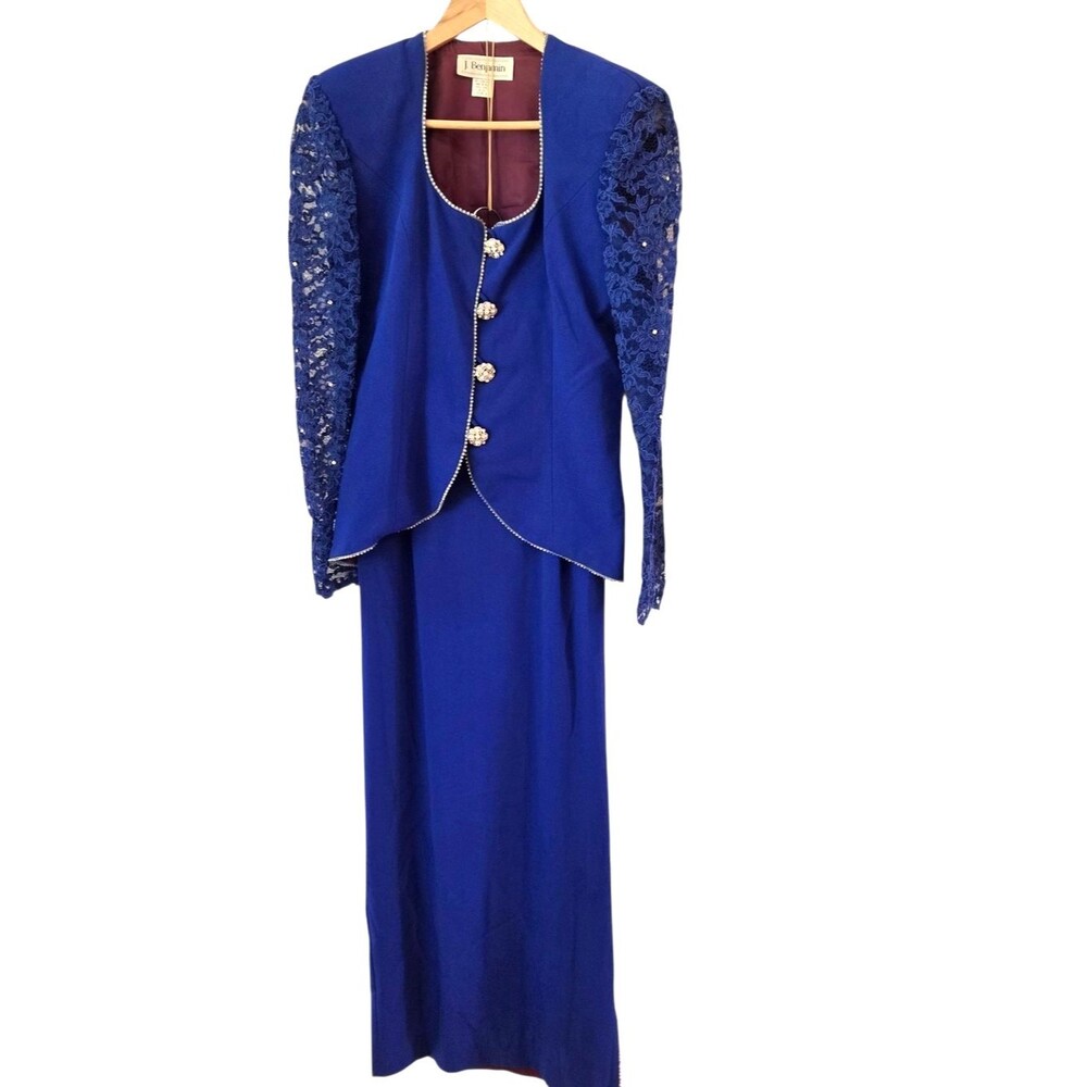 Vintage Dynasty Glam Cobalt Blue Rhinestone Lace Formal Skirt Suit Size 6